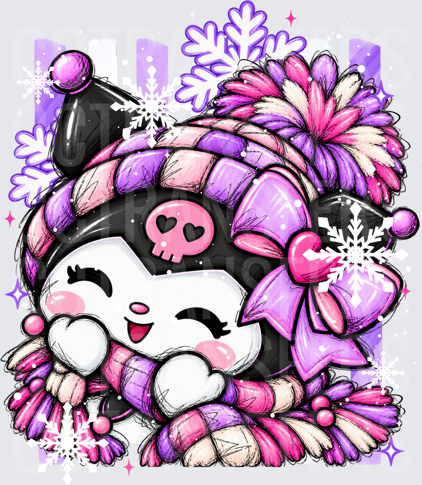 Cozy Winter Kawaii Bunny Skull Beanie Snowflake (DTF)