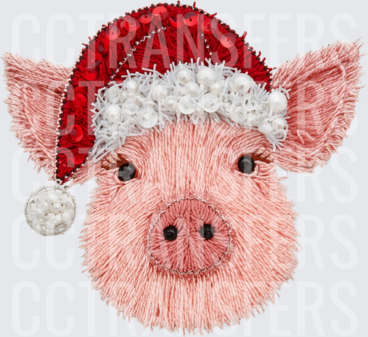 Embroidered Pink Pig Santa Hat Pearl Sequin Christmas (DTF)
