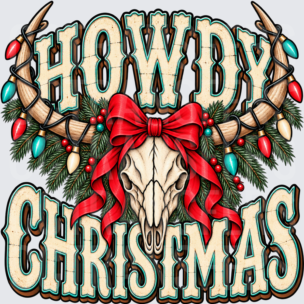 Howdy Christmas Western Bull Skull Lights Bow (DTF)
