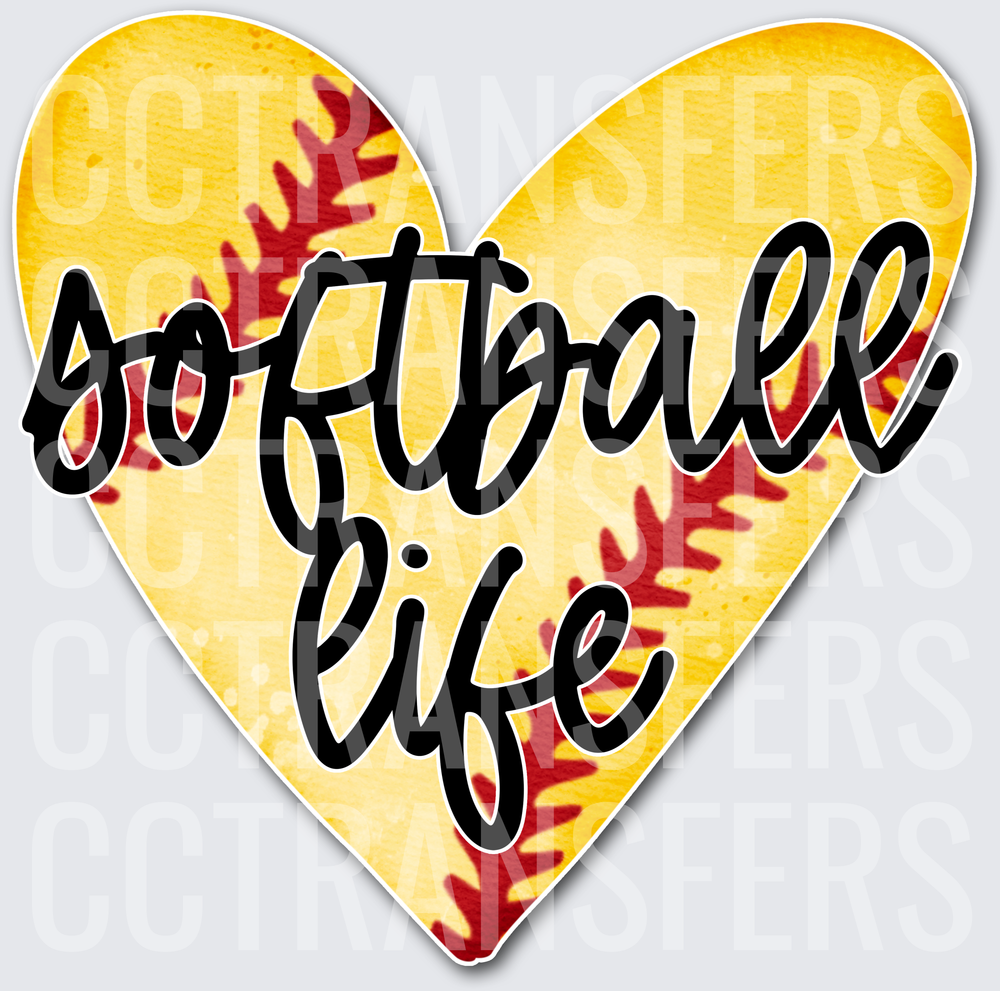 Softball Life Yellow Heart with Red Stitching (DTF)