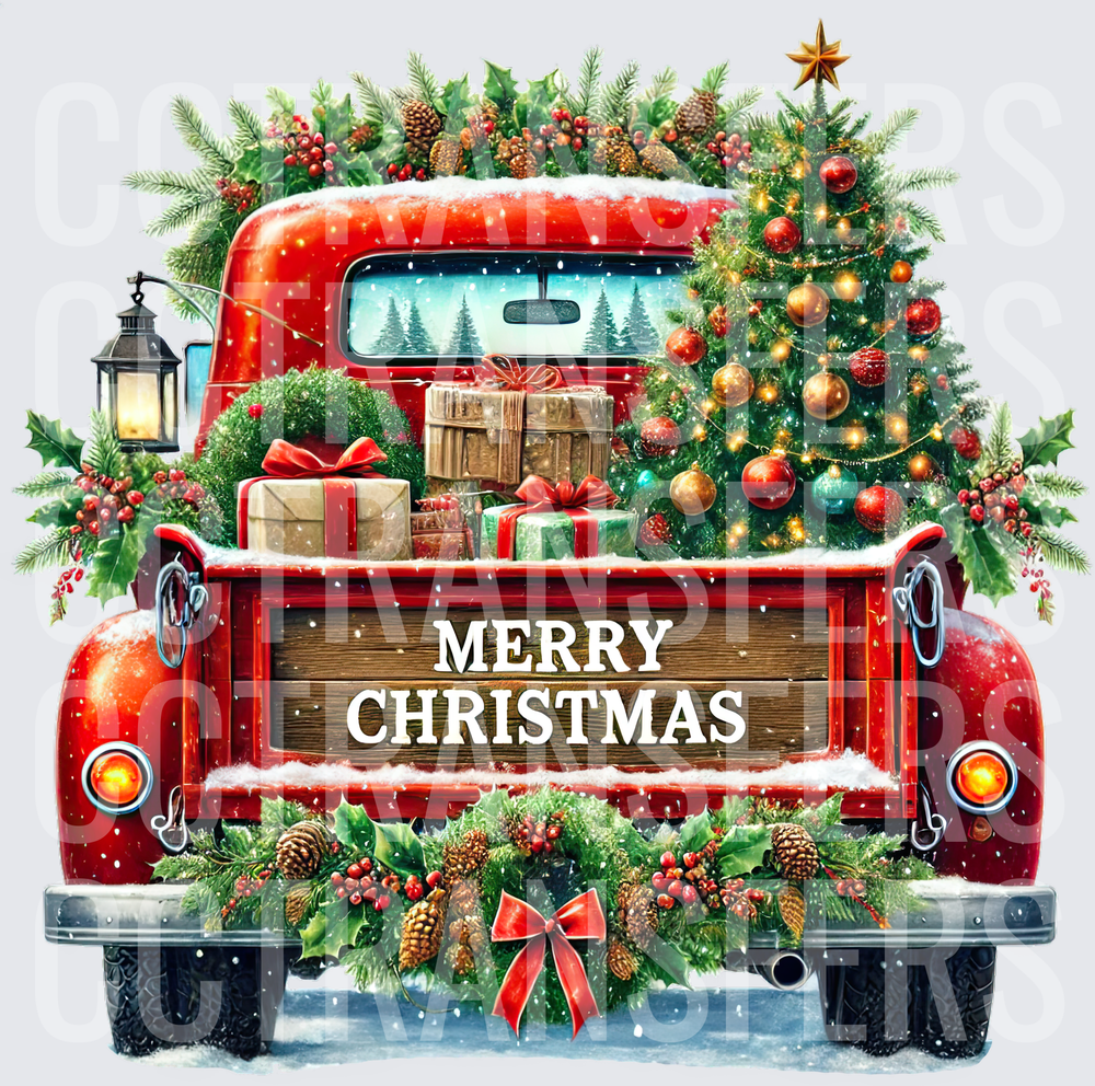 Merry Christmas Red Vintage Truck with Tree and Gifts (DTF)