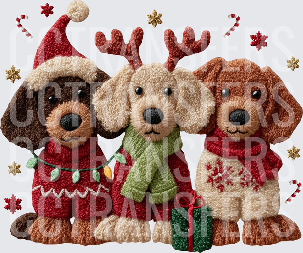 Embroidered Christmas Puppies in Holiday Sweaters Trio (DTF)