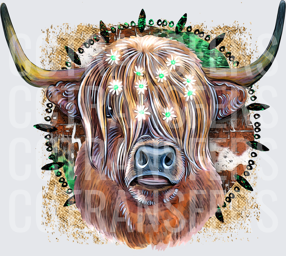 Fluffy Highland Cow With Daisy Flowers Grunge Art (DTF)