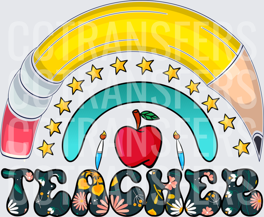 Floral Teacher Rainbow Pencil Apple Stars (DTF)