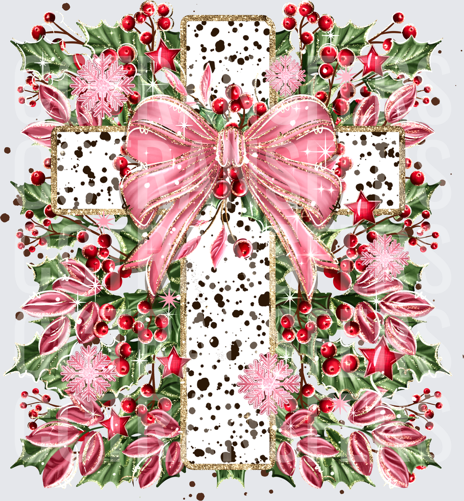 Christmas Cross Pink Bow Holly Berries Snowflakes (DTF)