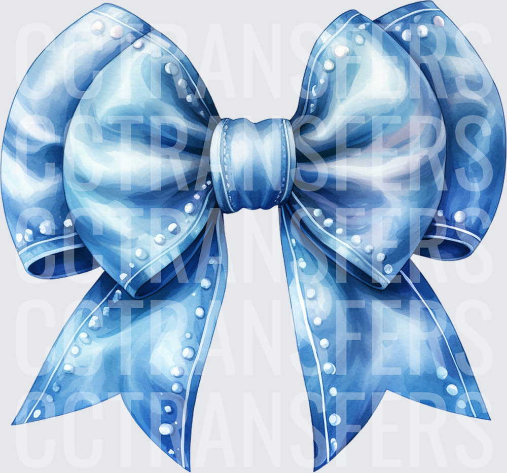 Watercolor Blue Satin Bow with Pearl Accents (DTF)