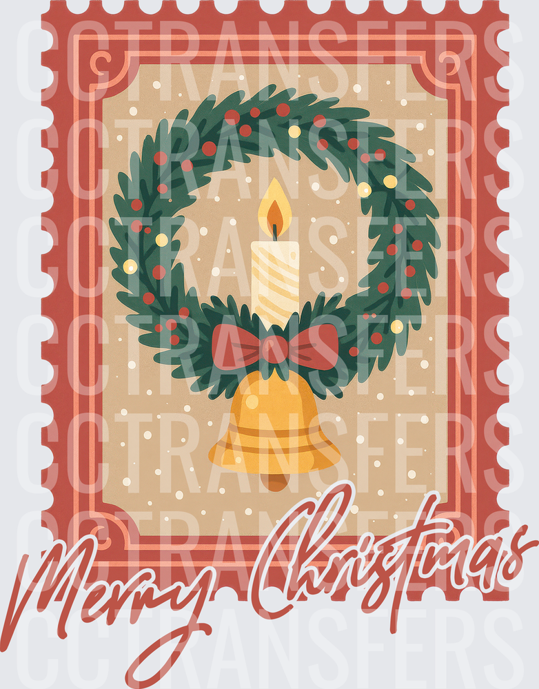 Merry Christmas Vintage Postage Stamp Wreath Candle Bell (DTF)