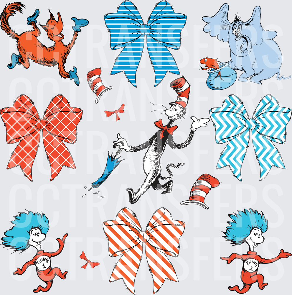 Storybook Cat, Elephant, Thing 1 & 2 Bows Bundle (DTF)