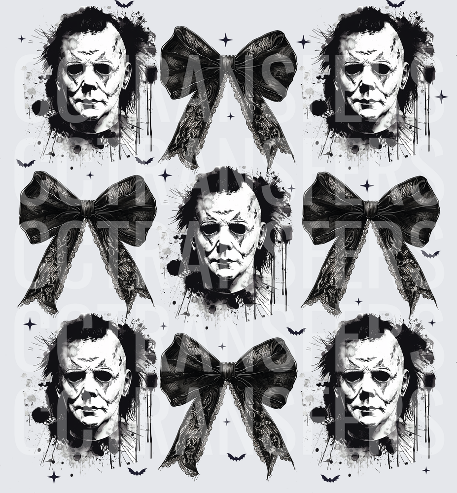 Black Ink Horror Mask Faces & Lace Bows Pattern (DTF)