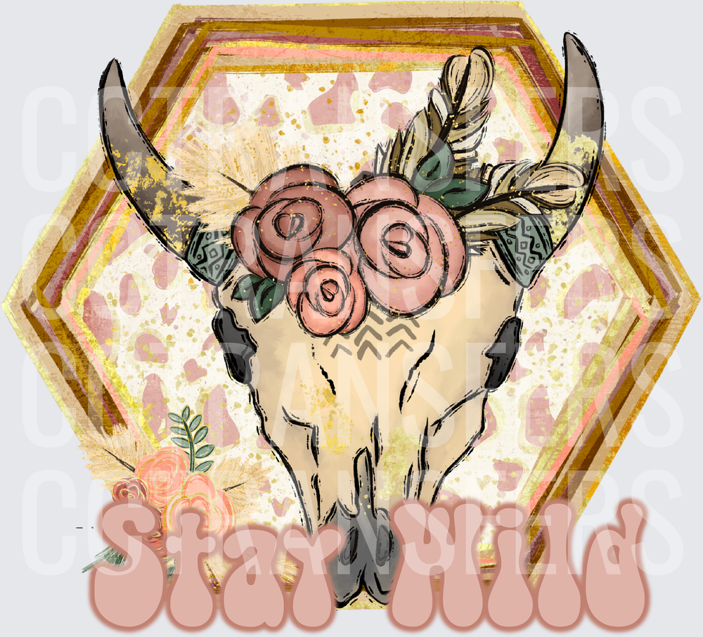 Stay Wild Boho Bull Skull Floral Feather Hexagon (DTF)