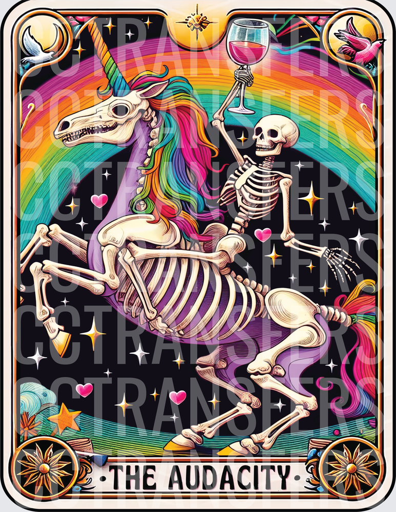 The Audacity Skeleton Riding Unicorn Tarot Card (DTF)