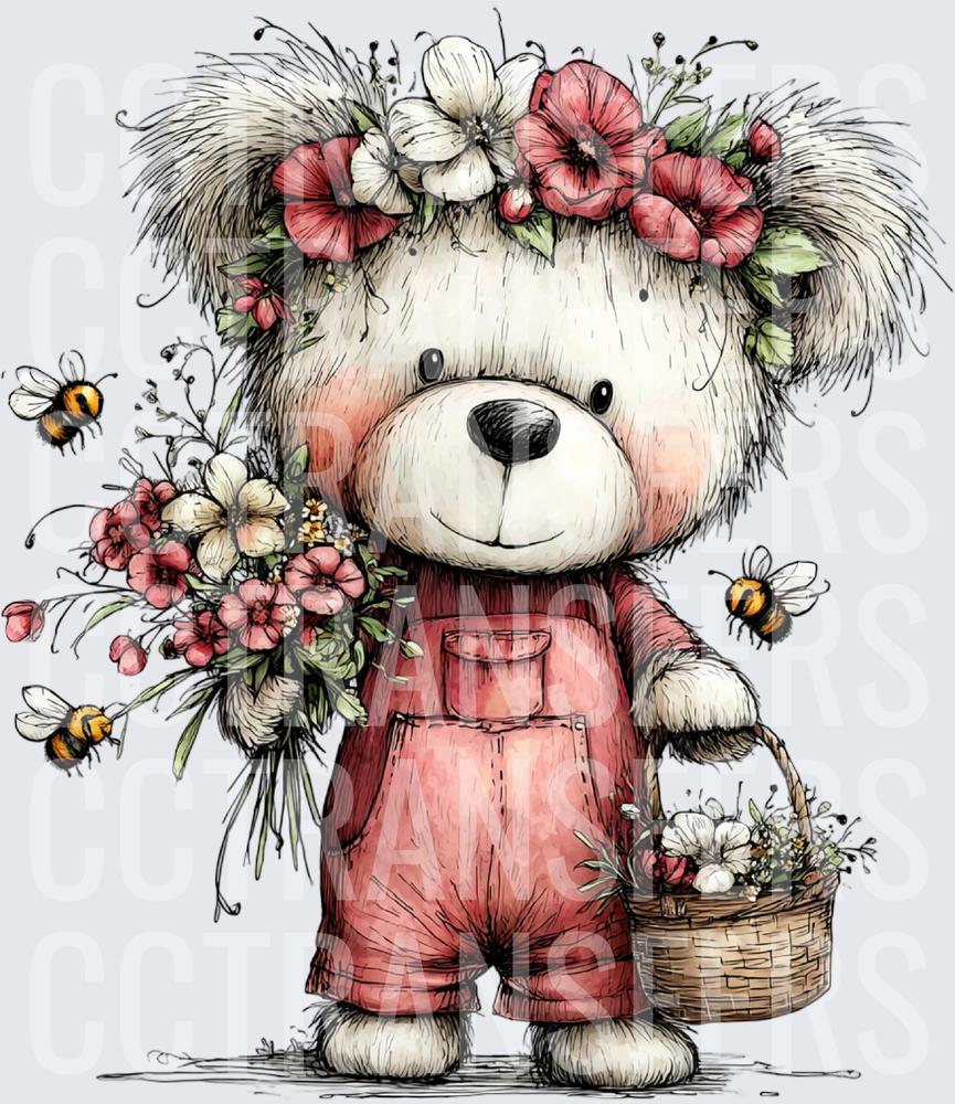 Fluffy Bear Floral Crown Bouquet Basket Bees Overalls (DTF)