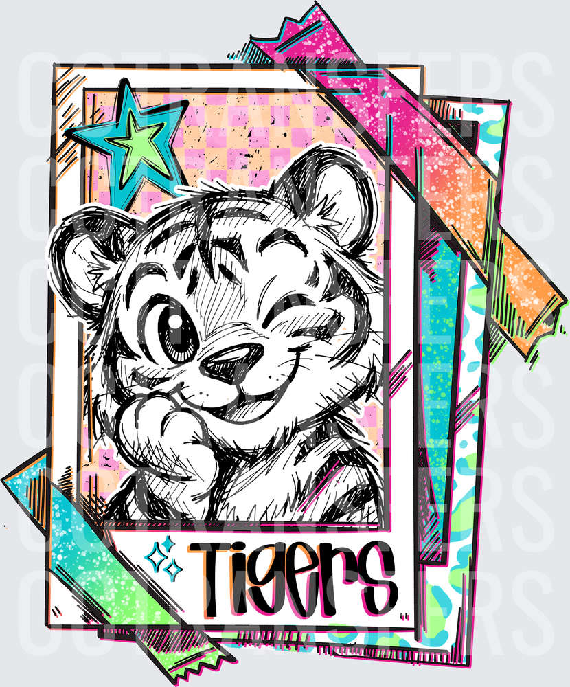 Cute Winking Tiger Cub Sketch Retro Card Tigers (DTF)