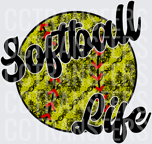 Softball Life Floral Lace Yellow Ball Script (DTF)