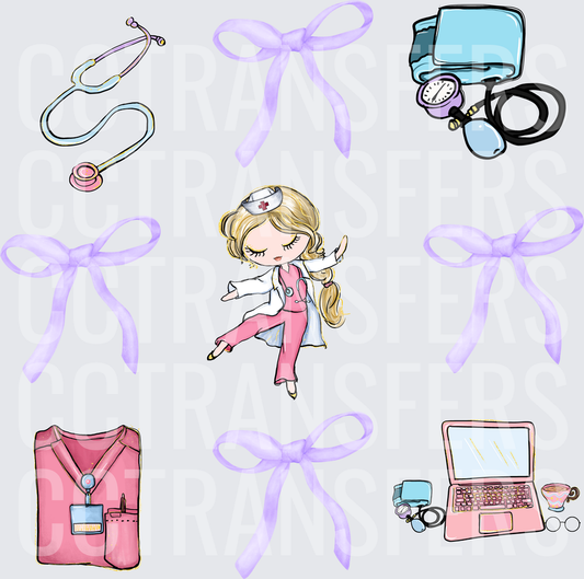 Cute Nurse Girl Pink Scrubs Medical Icons Lavender Bows (DTF)