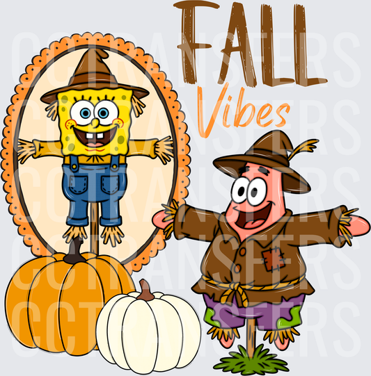 Fall Vibes Cartoon Scarecrow Duo with Pumpkins (DTF)