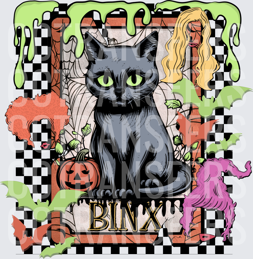 Binx Black Cat Halloween Checkered Slime Bats Pumpkin (DTF)