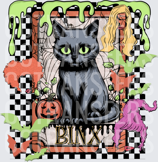 Binx Black Cat Halloween Checkered Slime Bats Pumpkin (DTF)