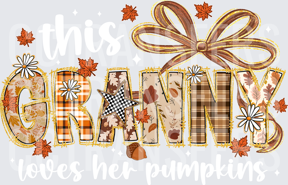 Granny Fall Plaid Patchwork Letters Bow Autumn Leaves (DTF)