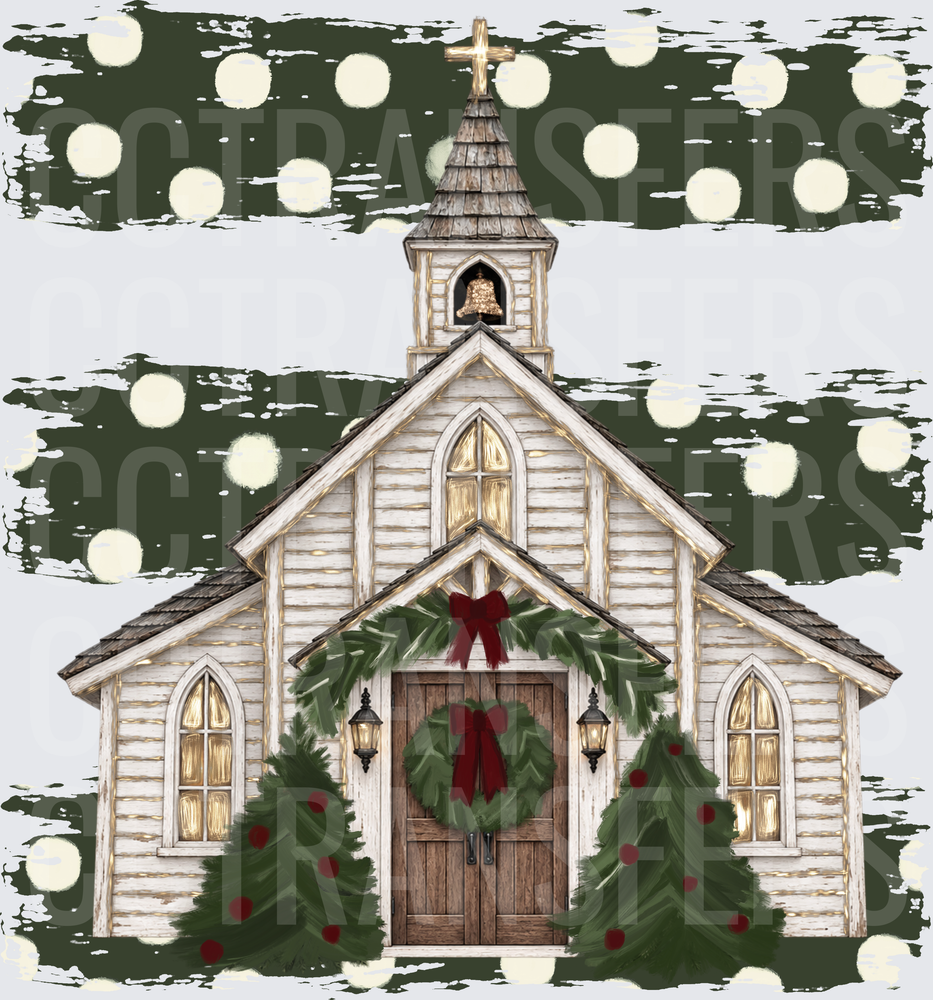 Rustic White Christmas Chapel with Wreaths and Snow (DTF)