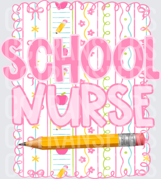 School Nurse Pink Floral Striped Pencil Design (DTF)