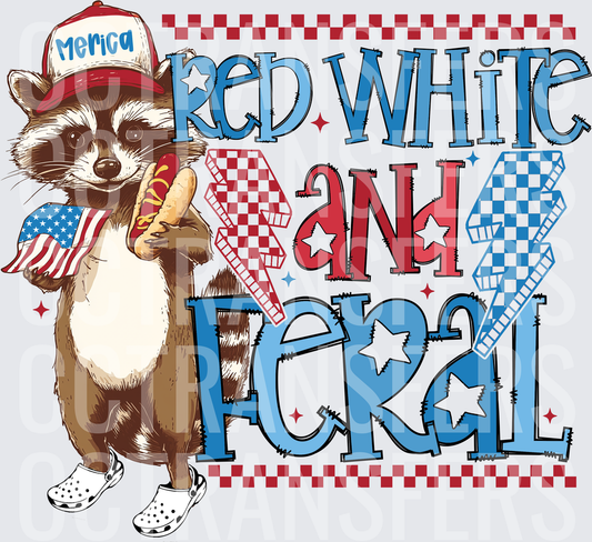 Red White and Feral Patriotic Raccoon with Hot Dog (DTF)