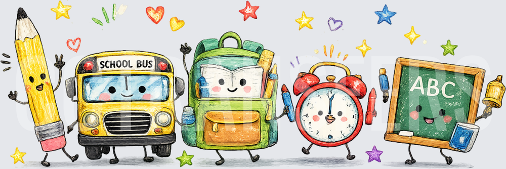 Cute Kawaii Back to School Gang ABC Bus Clock (DTF)