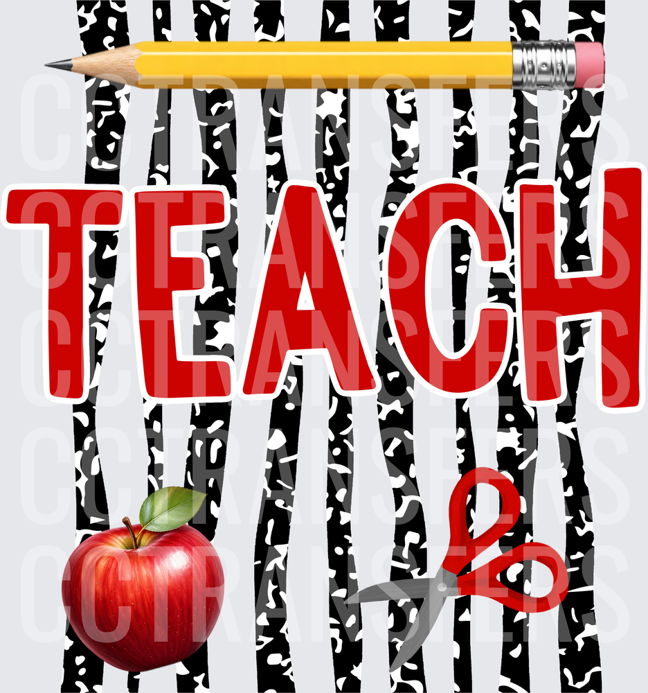TEACH Bold Red Text Pencil Apple Scissors Zebra Pattern (DTF)