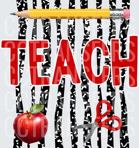 TEACH Bold Red Text Pencil Apple Scissors Zebra Pattern (DTF)