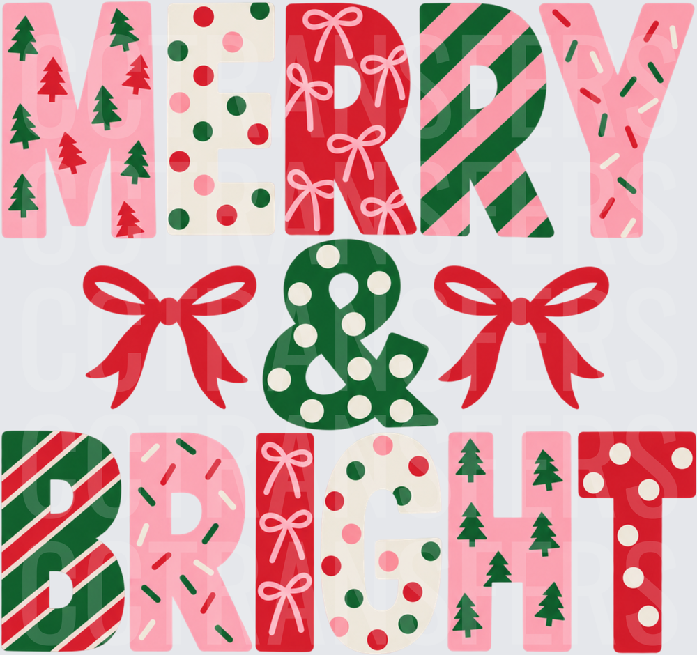 Merry & Bright Patterned Holiday Letters with Bows (DTF)