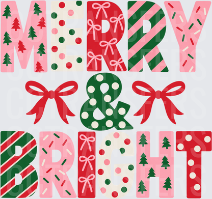 Merry & Bright Patterned Holiday Letters with Bows (DTF)