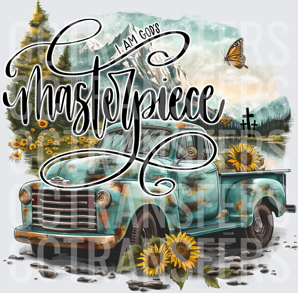 I Am God's Masterpiece Rustic Teal Truck Sunflowers (DTF)