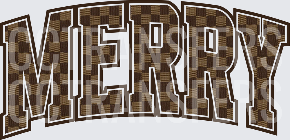 Merry Arched Varsity Letters Brown Checker Pattern (DTF)