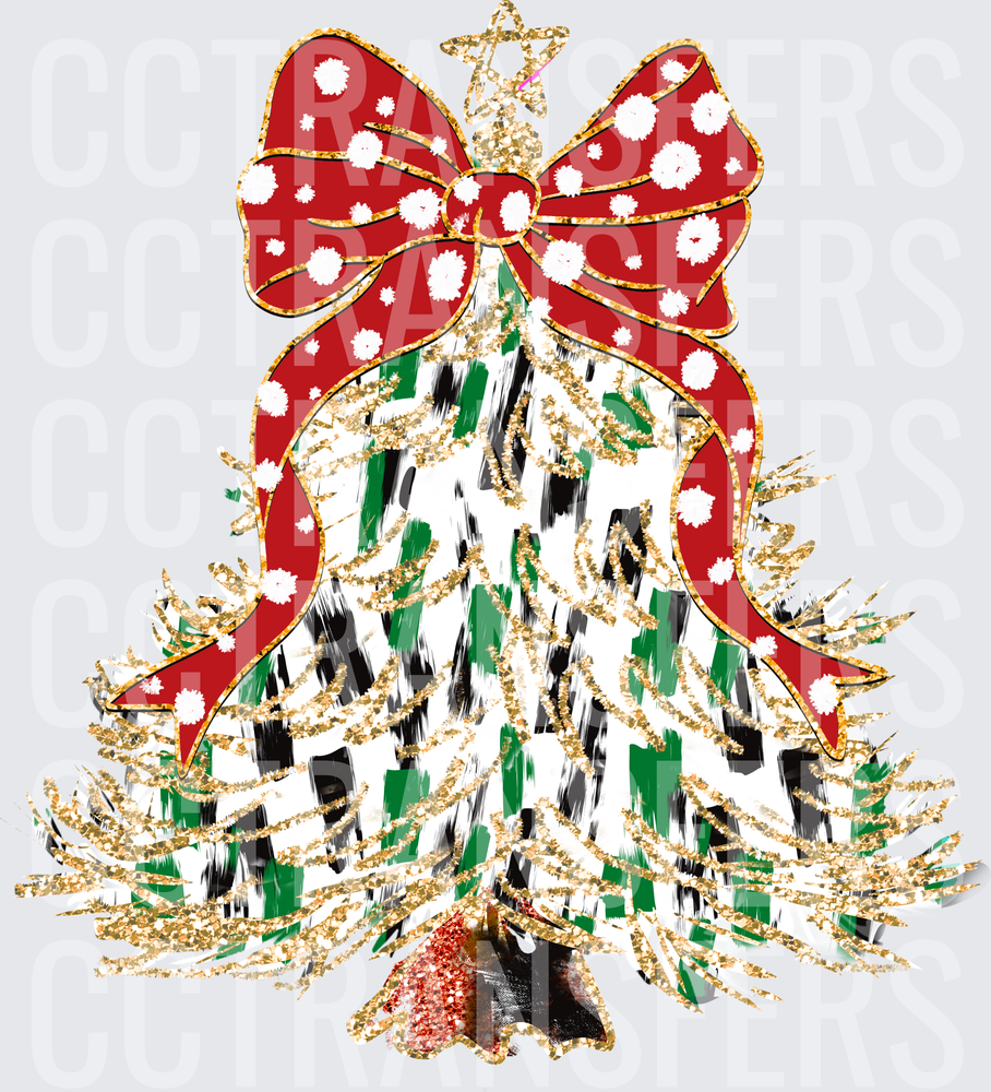 Glitter Gold Christmas Tree Red Polka Dot Bow Star Topper (DTF)