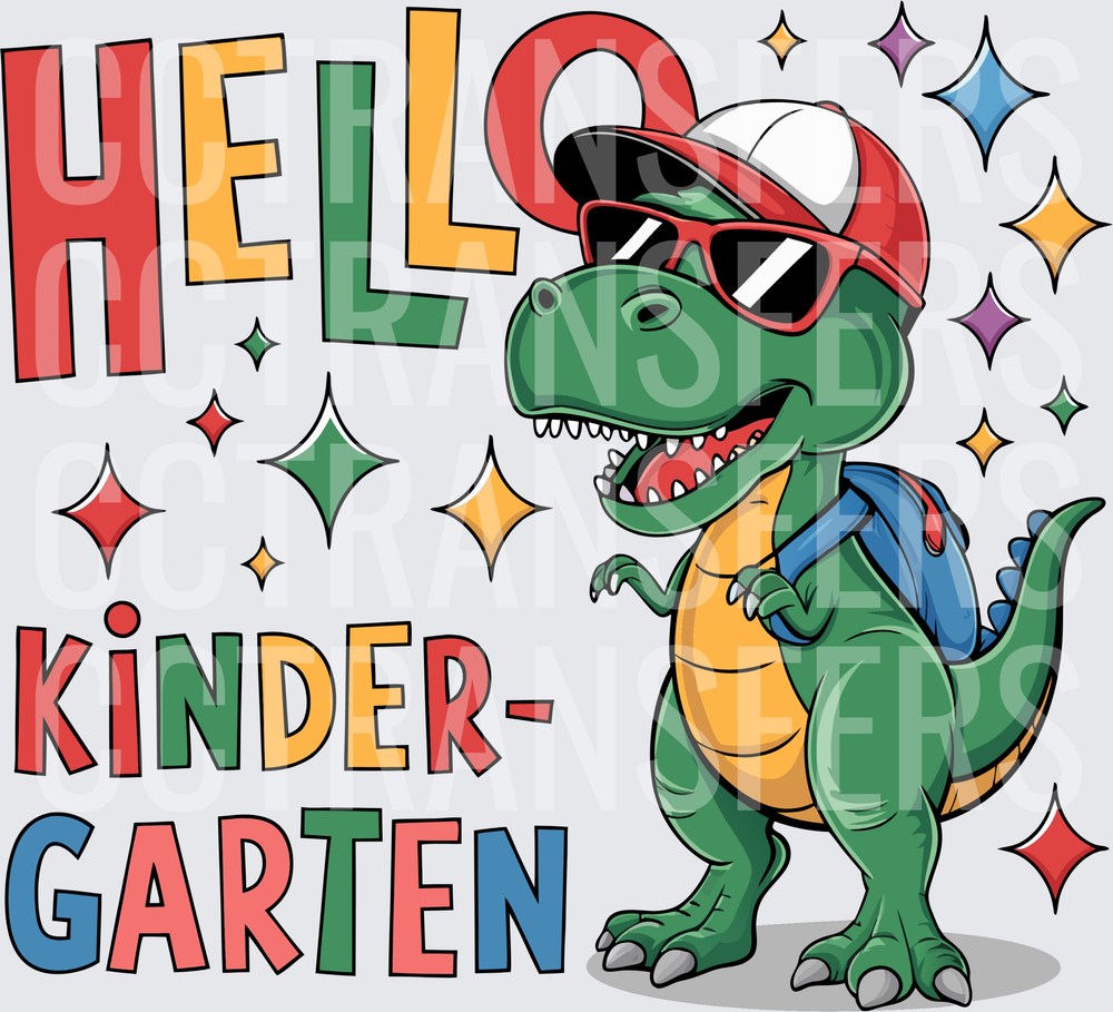 Hello Kindergarten Cool Dinosaur with Backpack & Sunglasses (DTF)