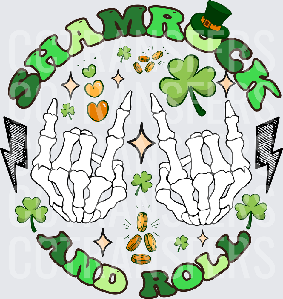 Shamrock And Roll Skeleton Hands Rock On St. Patrick's Day (DTF)