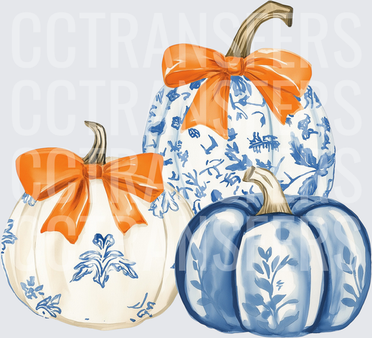 Blue and White Chinoiserie Pumpkins with Orange Bows (DTF)