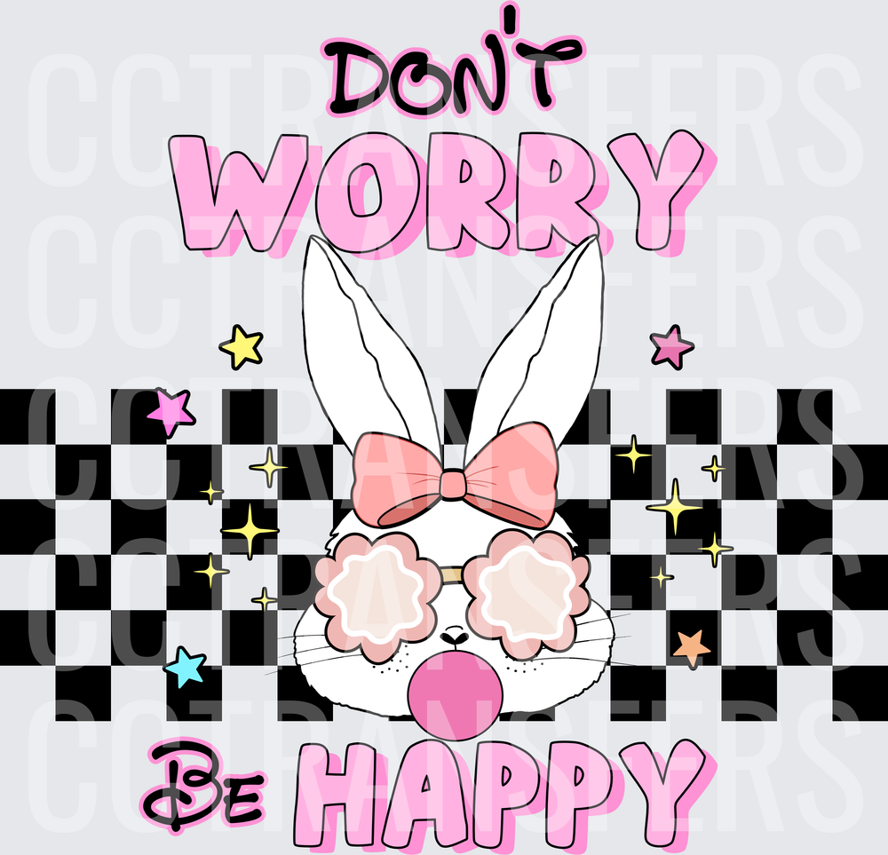 Don't Worry Be Happy Retro Bunny with Bow and Groovy Glasses (DTF)
