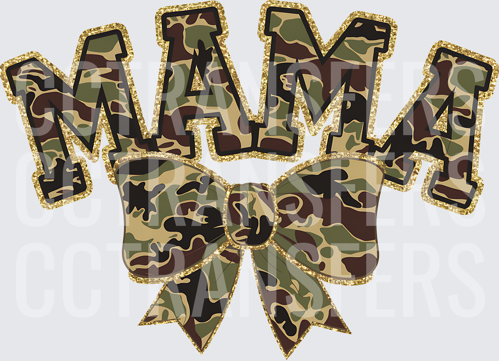 Camo MAMA Bold Letters with Gold Glitter Bow (DTF)