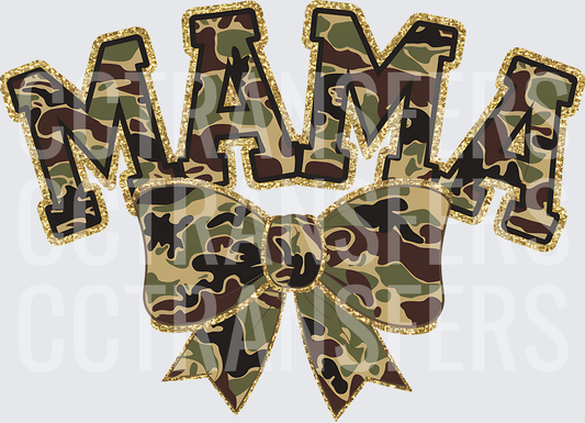 Camo MAMA Bold Letters with Gold Glitter Bow (DTF)
