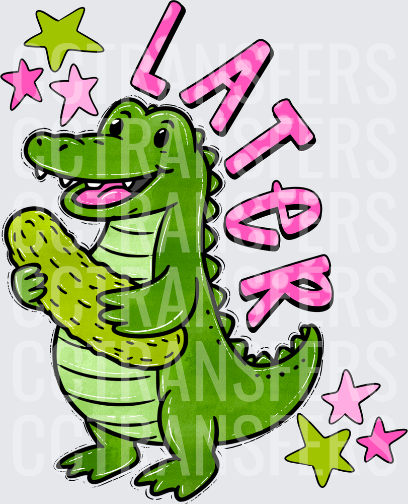 Cute Green Alligator Hugging Pickle Lator Stars (DTF)