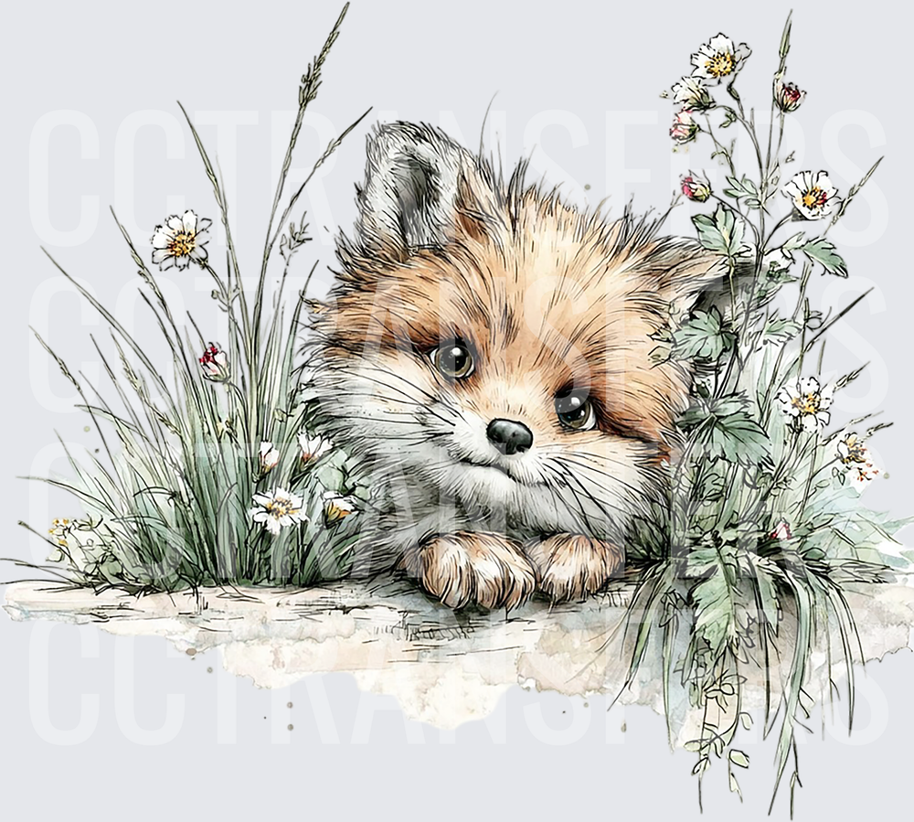 Cute Baby Fox Resting in Wildflowers Watercolor (DTF)