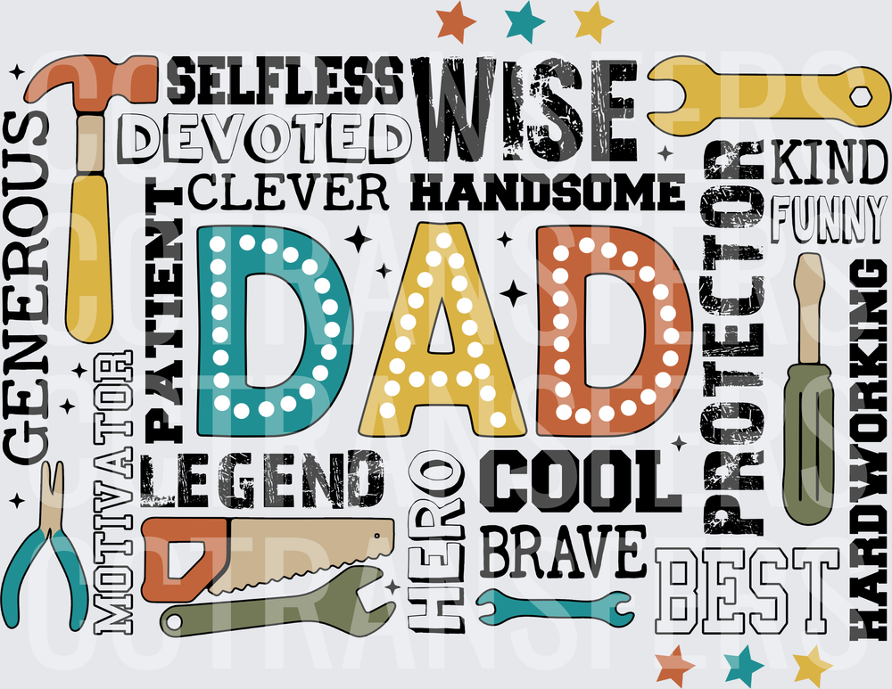 Dad Word Collage Selfless Wise Hero Legend Tools (DTF)