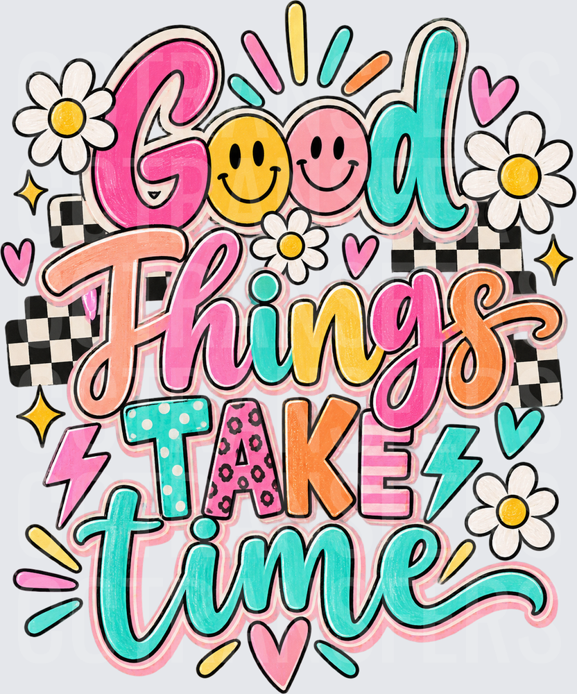 Good Things Take Time Retro Groovy Smiley Daisy (DTF)
