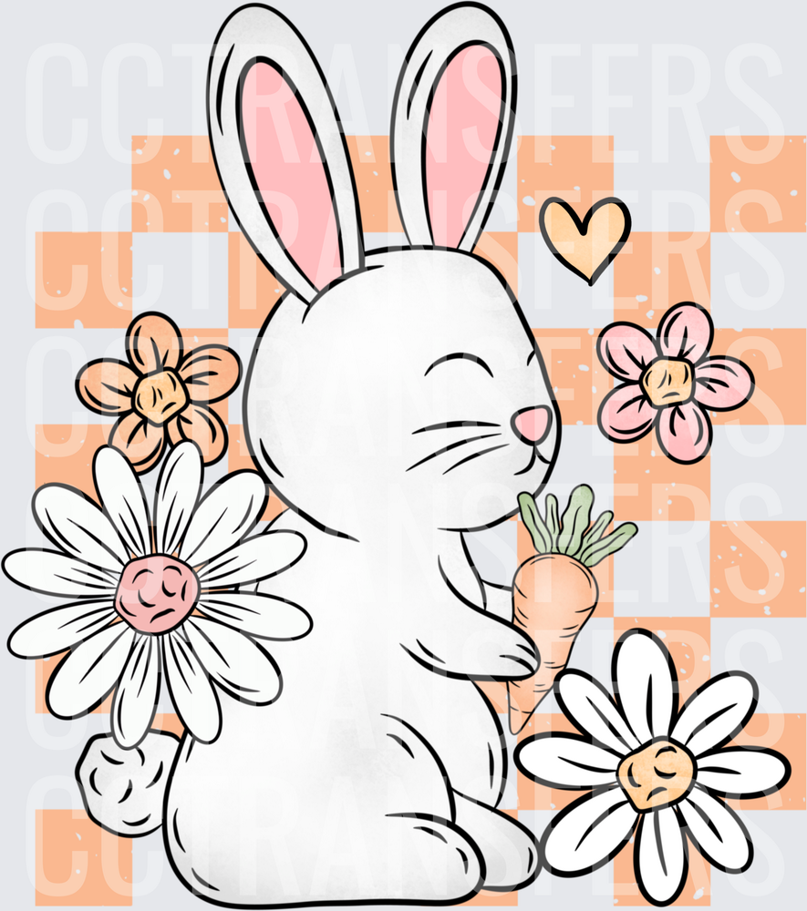 Cute White Bunny Holding Carrot and Flowers Checkered (DTF)