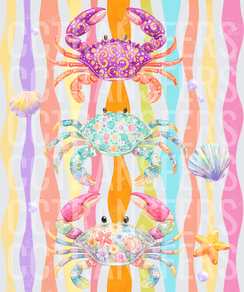 Colorful Boho Crab Trio Wavy Rainbow Stripe Seashell (DTF)