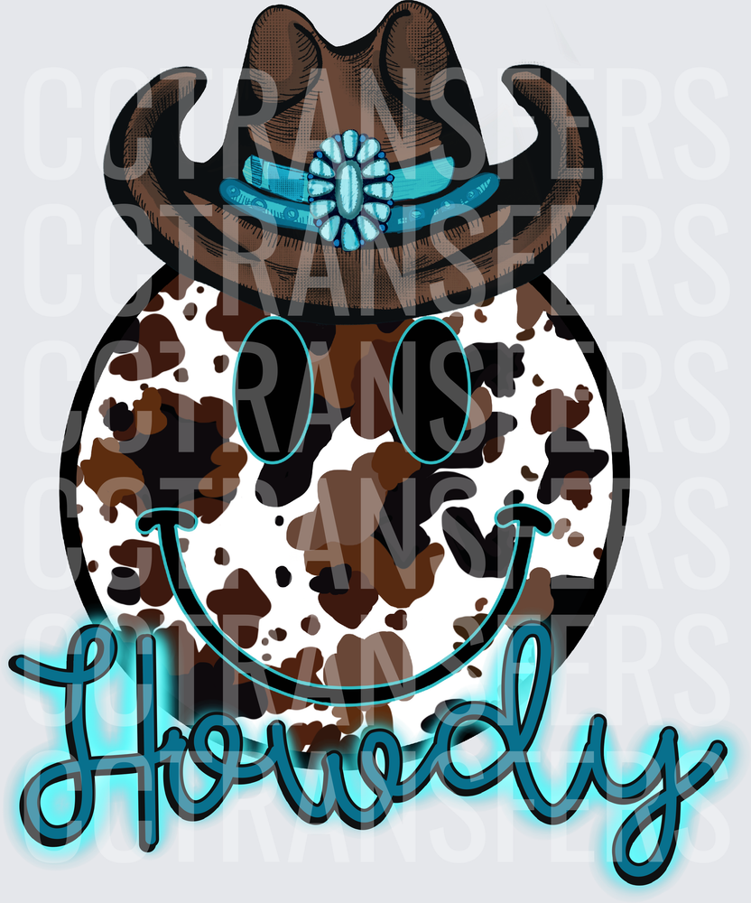 Howdy Cow Print Smiley Face Cowboy Hat Turquoise (DTF)