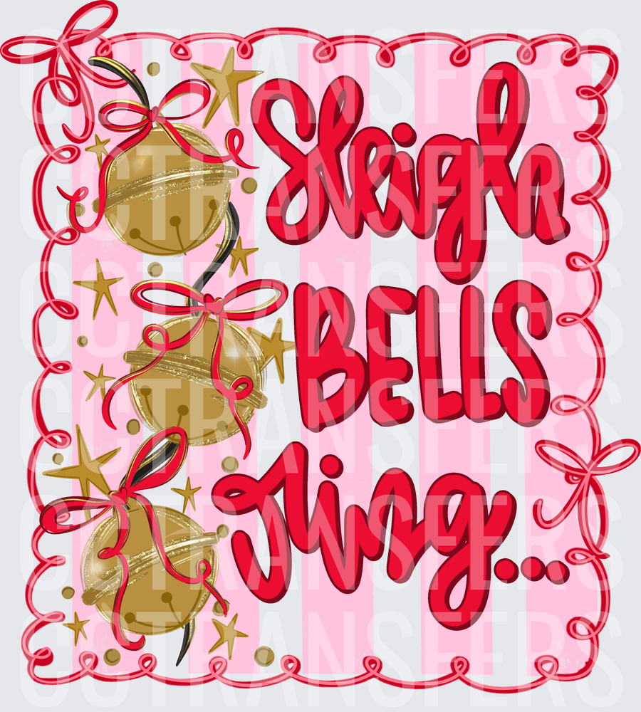Sleigh Bells Ring Gold Jingle Bells Pink Stripe (DTF)