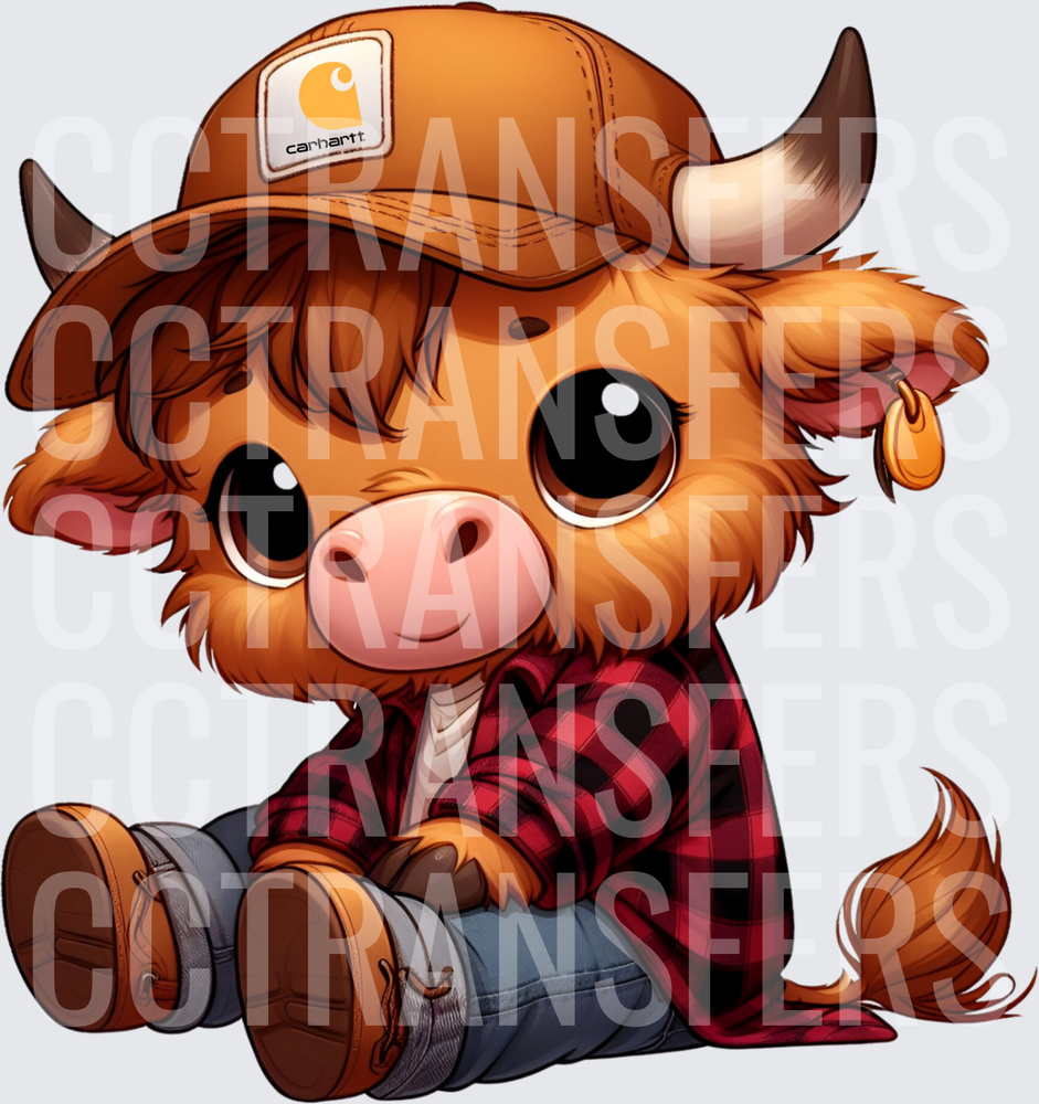 Cute Baby Highland Cow Flannel Shirt Work Cap Sitting (DTF)