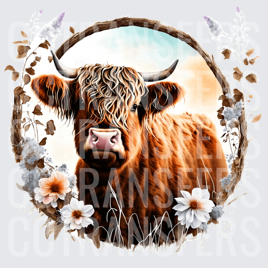 Fluffy Highland Cow Floral Wreath Boho (DTF)